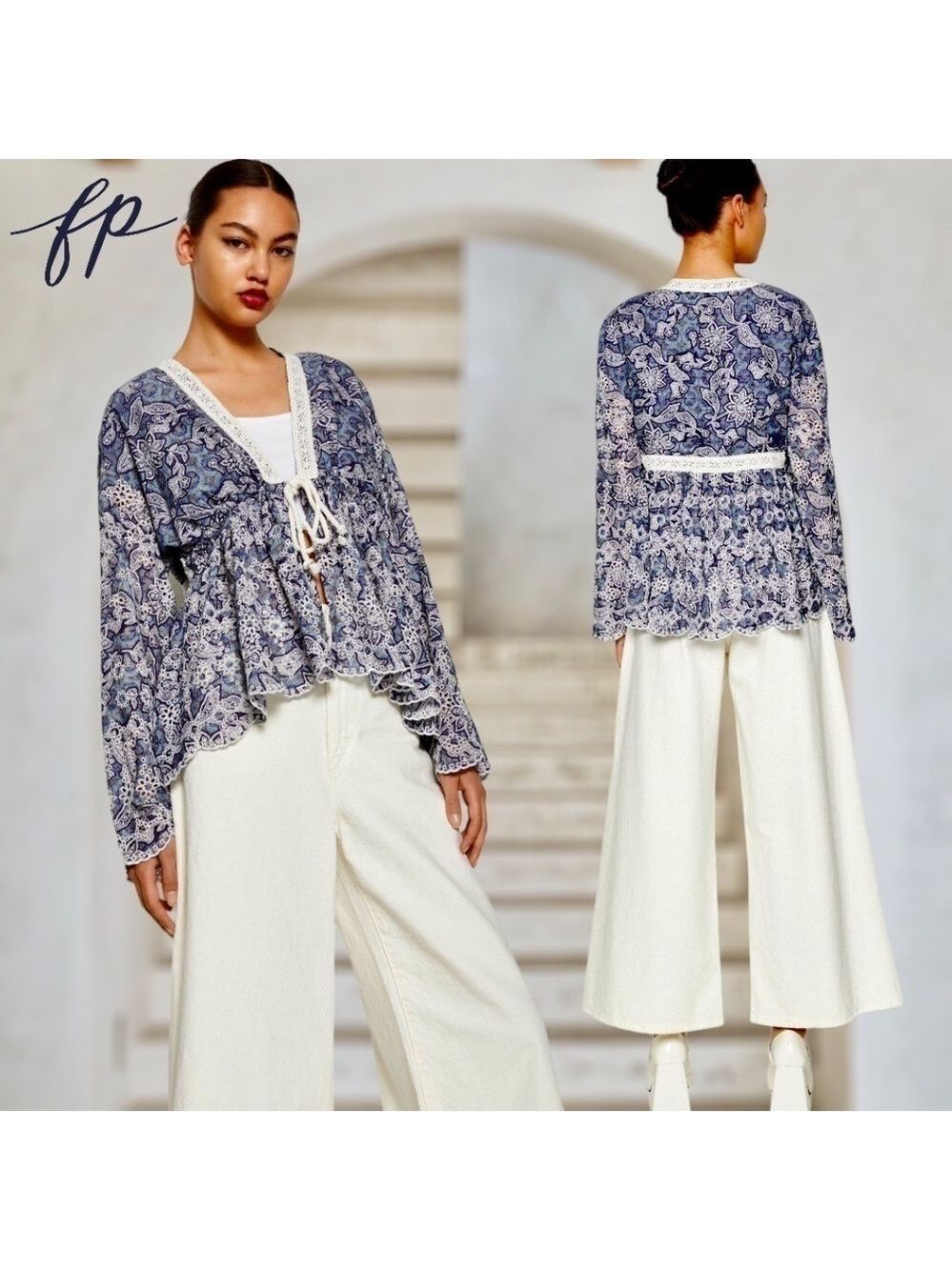 FREE PEOPLE NWT Anissa Floral-Print Eyelet/Embroidered Tie-Front Bed Jacket/Lg - Picture 11 of 14